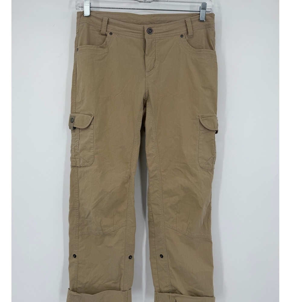 Kuhl Womens Tan Khaki Cargo Hiking Pants Articulated Knee Snap Cuff Size 12 Reg